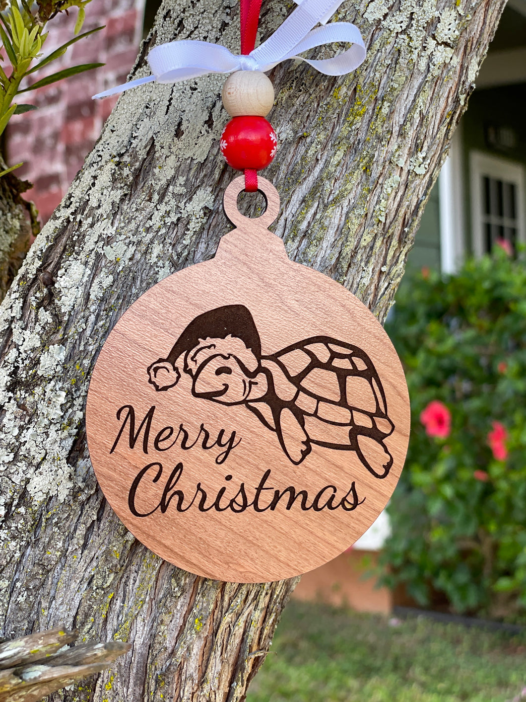 Wood Ornament | Turtle | Honu | Cherry Finish | Merry Christmas